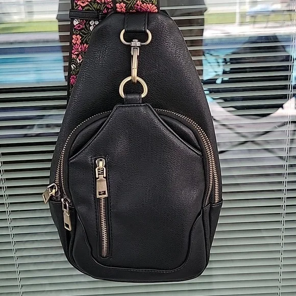 ANTIK KRAFT Black Vegan Leather Crossbody Sling Bag Floral Strap Embroidered Tasha Webbing Strap Sling main image 3